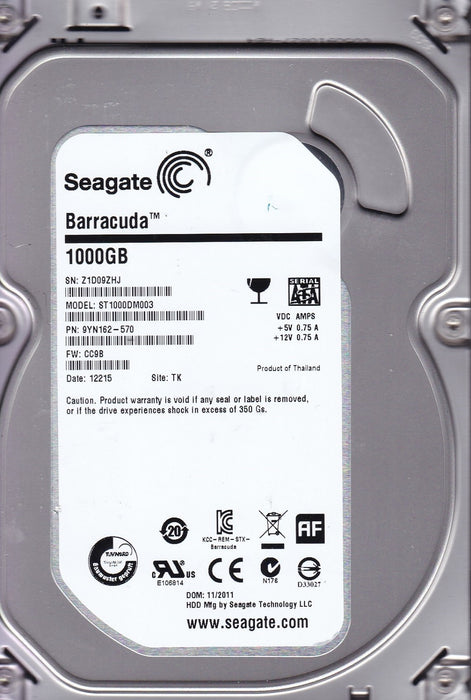 ST1000DM003-9YN162 Seagate Barracuda 1TB 7200RPM SATA 6Gbps 64MB Cache 3.5" HDD