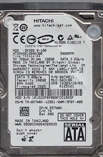 HTS545016B9A300 HGST Hitachi Travelstar 5K500.B 160GB 5400RPM SATA 3Gbps 8MB Cache 2.5" HDD