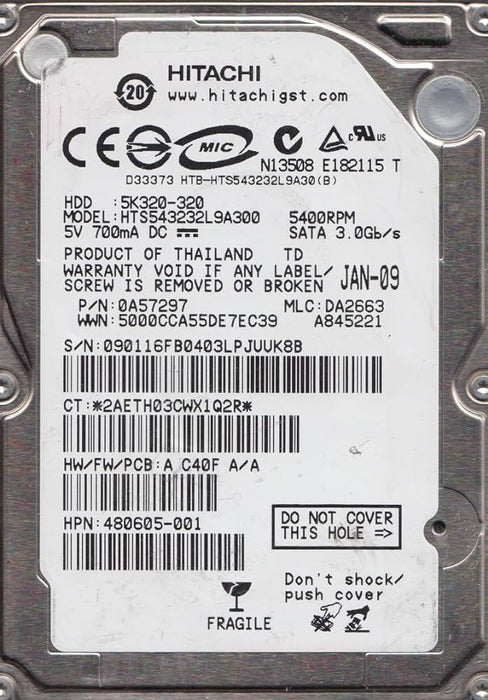 HTS543232L9A300 Hitachi Travelstar 5K320 320GB 5400RPM SATA 3Gbps 8MB Cache 2.5" HDD