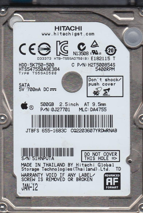 HTS547550A9E384 HGST Hitachi Travelstar 5K750 500GB 5400RPM SATA 3Gbps 8MB Cache (512e) 2.5" HDD (DEFEKT)