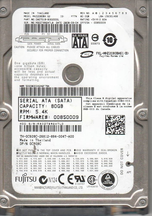 MHZ2080BH-G2 Fujitsu Mobile 80GB 5400RPM SATA 3Gbps 8MB Cache 2.5" HDD