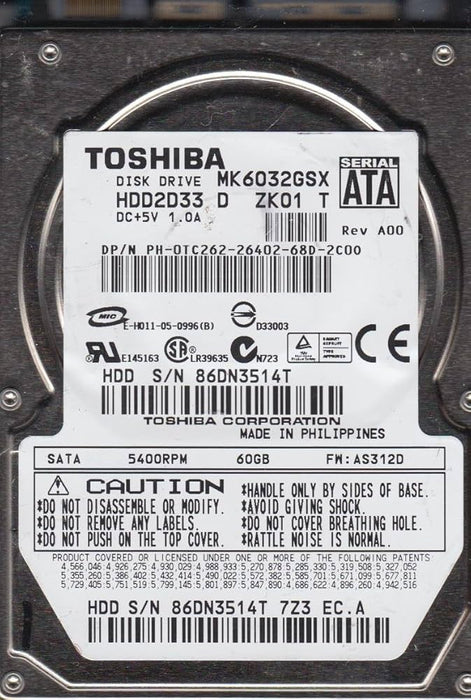 MK6032GSX Toshiba 60GB 5400RPM SATA 1.5Gbps 8MB Cache 2.5" HDD