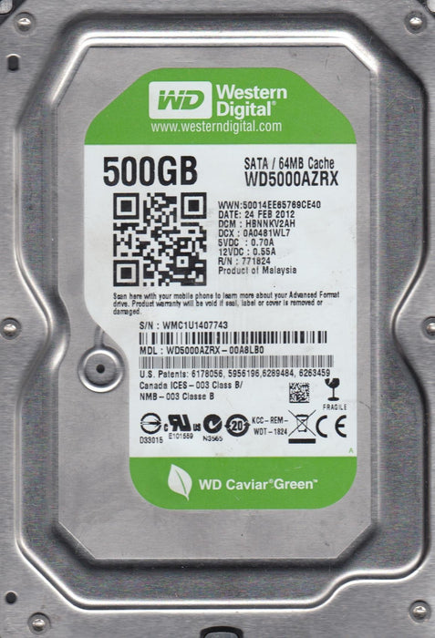 WD5000AZRX-00A8LB0 Western Digital Green 500GB 5400RPM SATA 6Gbps 64MB Cache 3.5" HDD