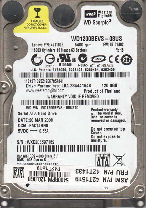 WD1200BEVS-08UST0 Western Digital Scorpio 120GB 5400RPM SATA 1.5Gbps 8MB Cache 2.5" HDD