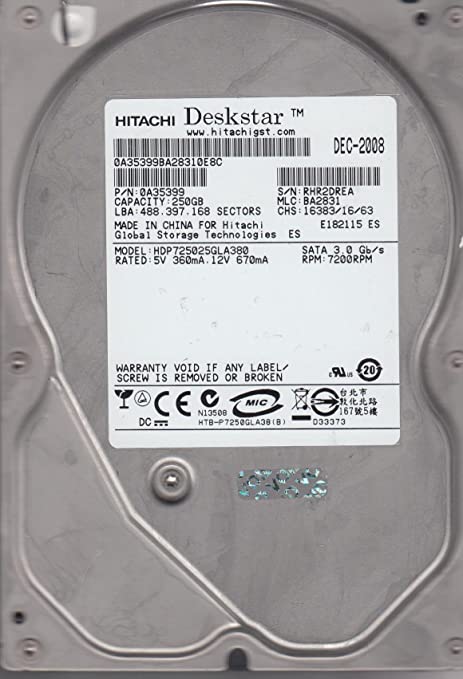 HDP725025GLA380 Hitachi Deskstar P7K500 250GB 7200RPM SATA 3Gbps 8MB Cache 3.5"
