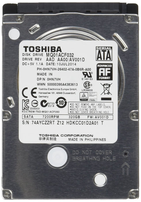 MQ01ACF032 Toshiba Mobile Thin 320GB 7200RPM SATA 6Gbps 16MB Cache 2.5" HDD