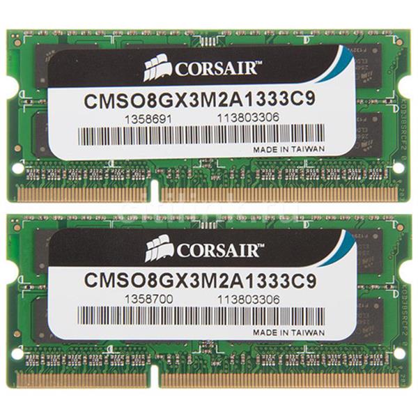 CMSO8GX3M2A1333C9 Corsair 8GB Kit (2 X 4GB) PC3-10600 DDR3-1333MHz non-ECC Unbuffered CL9 204-Pin