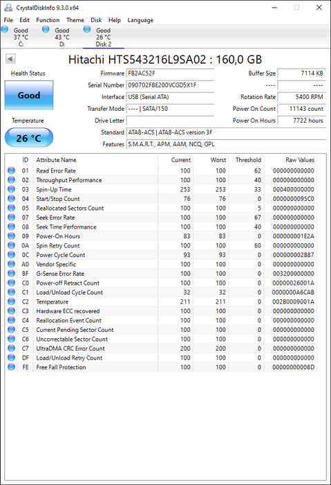 HTS543216L9SA02 Hitachi Travelstar 5K320 160GB 5400RPM SATA 1.5Gbps 8MB Cache 2.5" HDD