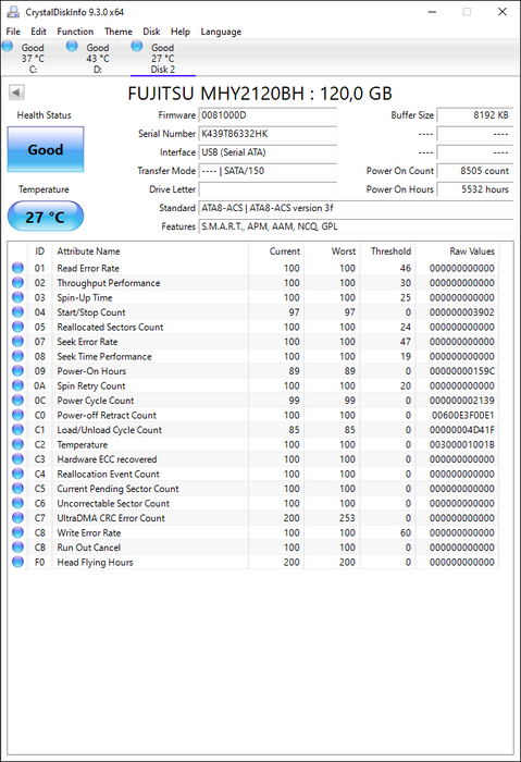 MHY2120BH Fujitsu Mobile 120GB 5400RPM SATA 1.5Gbps 8MB Cache 2.5" HDD