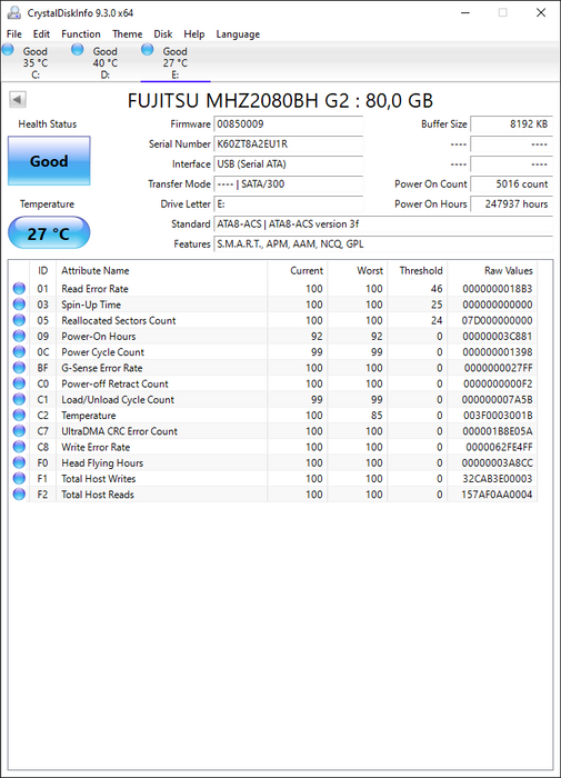 MHZ2080BH-G2 Fujitsu Mobile 80GB 5400RPM SATA 3Gbps 8MB Cache 2.5" HDD