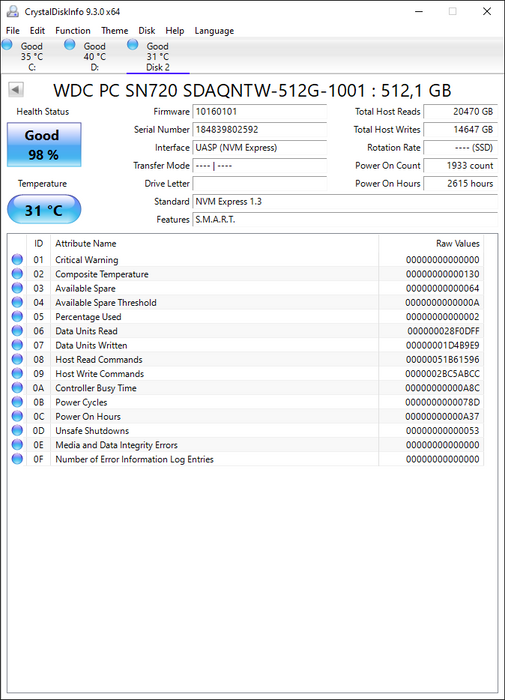 SDAQNTW-512G-1001 Western Digital PC SN720 512GB PCIe 3.0 x4 NVMe M.2 2280 SSD