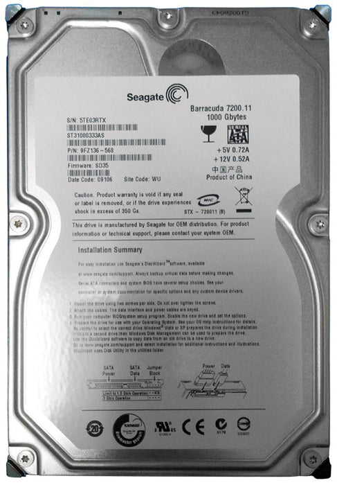 ST31000333AS Seagate Barracuda 7200.11 1TB 7200RPM SATA 3Gbps 32MB Cache 3.5" HDD