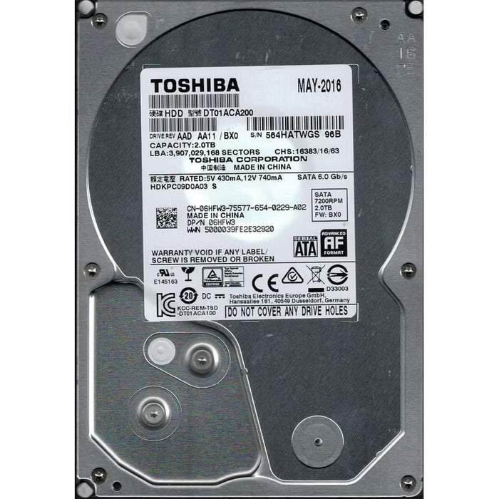 DT01ACA200 Toshiba Desktop 2TB 7200RPM SATA 6Gbps 64MB Cache (512e) 3.5" HDD