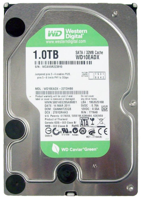 WD10EADX-22TDHB0 Western Digital Caviar Green 1TB 5400RPM SATA 6Gbps 64MB Cache 3.5" HDD