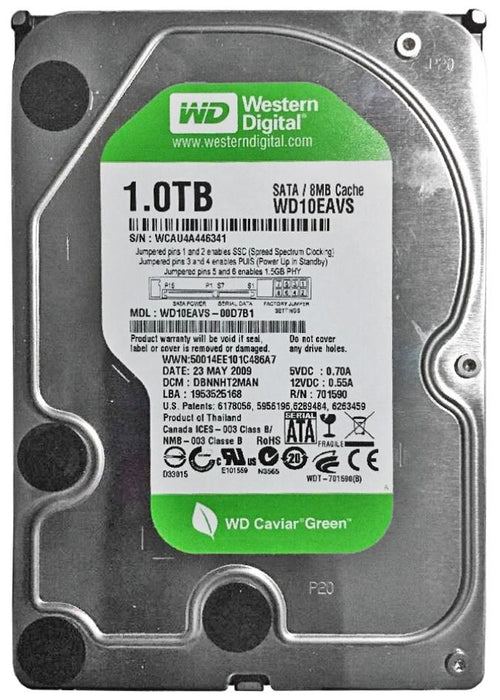WD10EAVS-00D7B1 Western Digital Caviar Green 1TB 5400RPM SATA 3Gbps 8MB Cache 3.5" HDD