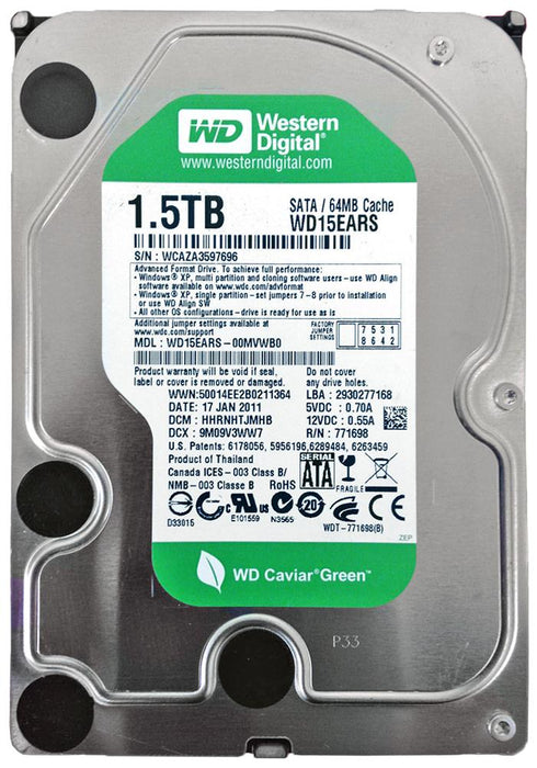 WD15EARS-00MVWB0 Western Digital Caviar Green 1.5TB 5400RPM SATA 3Gbps 64MB Cache 3.5" HDD