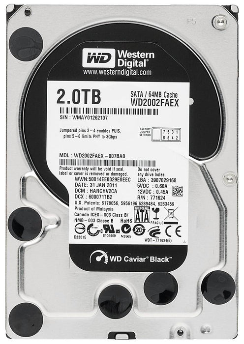 WD2002FAEX-007BA0 Western Digital Caviar Black 2TB 7200RPM SATA 3Gbps 64MB Cache 3.5" HDD