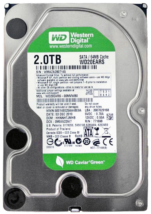 WD20EARS-00MVWB0 Western Digital Caviar Green 2TB 5400RPM SATA 3Gbps 64MB Cache 3.5" HDD - Rebuild IT