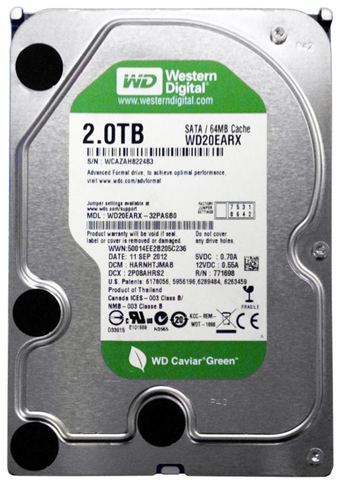 WD20EZRX-00DC0B0 Western Digital Green 2TB 5400RPM SATA 6Gbps 64MB Cache 3.5" HDD