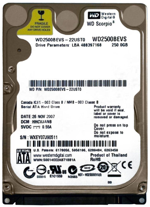 WD2500BEVS-22UST0 Western Digital Scorpio Blue 250GB 5400RPM SATA 1.5Gbps 8MB Cache 2.5" HDD