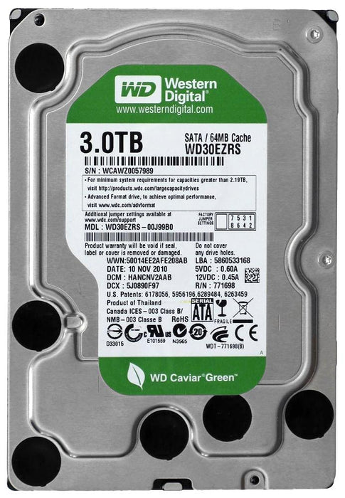 WD30EZRS-00J99B0 Western Digital Caviar Green 3TB 5400RPM SATA 3Gbps 64MB Cache 3.5" HDD