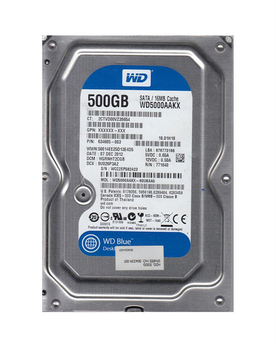 WD5000AAKX-60U6AA0 Western Digital Caviar Blue 500GB 7200RPM SATA 6Gbps 16MB Cache 3.5" HDD