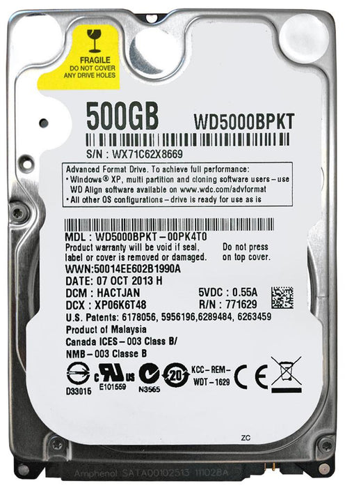 WD5000BPKT-00PK4T0 Western Digital Scorpio Black 500GB 7200RPM SATA 3Gbps 16MB Cache 2.5" HDD