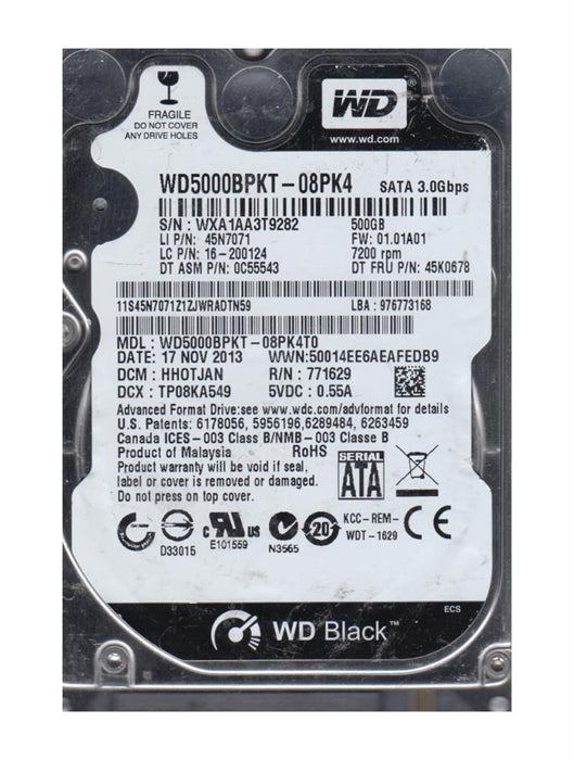 WD5000BPKT-08PK4T0 Western Digital Scorpio Black 500GB 7200RPM SATA 3Gbps 16MB Cache 2.5" HDD