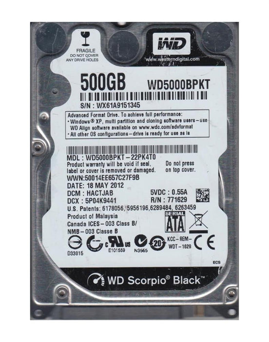 WD5000BPKT-22PK4T0 Western Digital Scorpio Black 500GB 7200RPM SATA 3Gbps 16MB Cache 2.5" HDD