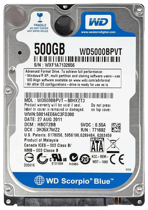 WD5000BPVT-80HXZT3 Western Digital Scorpio Blue 500GB 5400RPM SATA 3Gbps 8MB Cache 2.5" HDD