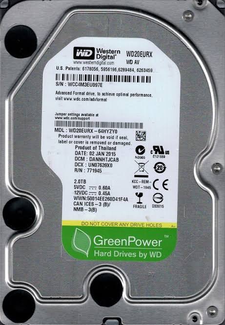WD20EURX-64HYZY0 Western Digital AV-GP 2TB 5400RPM SATA 6Gbps 64MB Cache 3.5" HDD