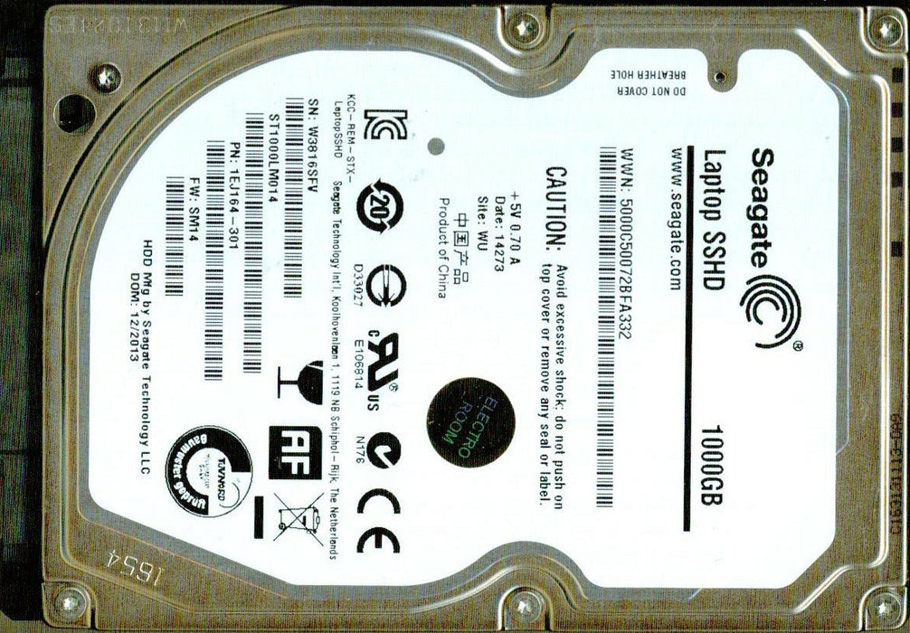 ST1000LM014-1EJ164 Seagate Laptop SSHD 1TB 5400RPM SATA 6Gbps 64MB Cache 8GB MLC NAND SSD 2.5" HDD