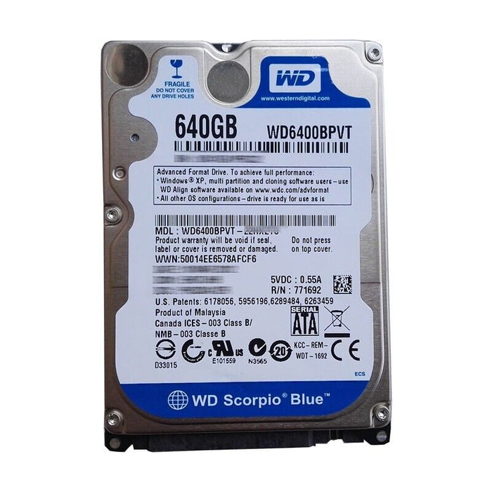 WD6400BPVT-80HXZT3 Western Digital Scorpio Blue 640GB 5400RPM SATA 3Gbps 8MB Cache 2.5" HDD