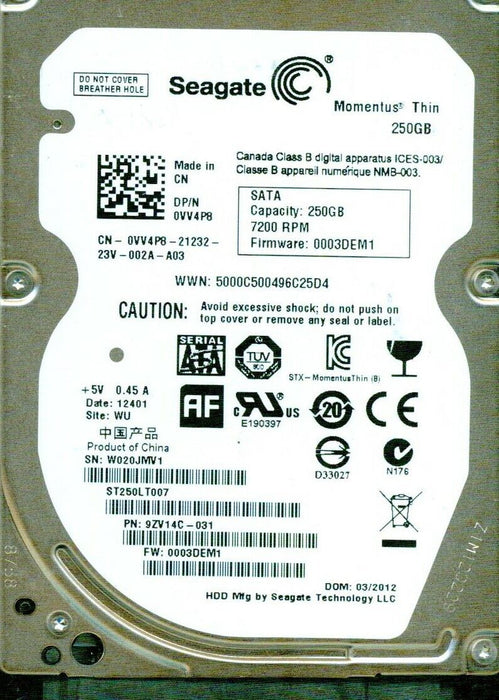 ST250LT007-9ZV14C Seagate Momentus Thin 250GB 7200RPM SATA 3Gbps 16MB Cache 2.5" HDD
