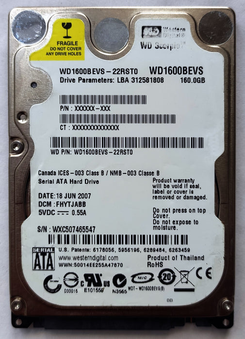 WD1600BEVS-22RST0 Western Digital Scorpio Blue 160GB 5400RPM SATA 1.5Gbps 8MB Cache 2.5" HDD