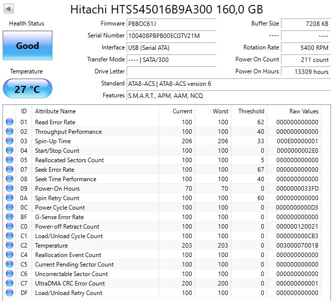 HTS545016B9A300 HGST Hitachi Travelstar 5K500.B 160GB 5400RPM SATA 3Gbps 8MB Cache 2.5"