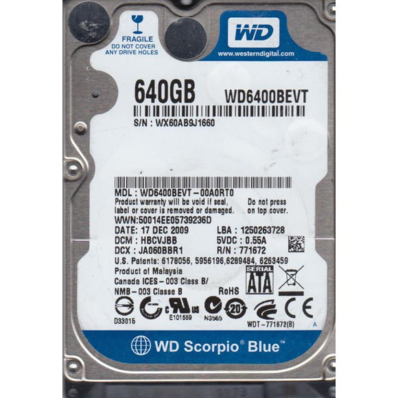 WD6400BEVT-00A0RT0 Western Digital Scorpio Blue 640GB 5400RPM SATA 3Gbps 8MB Cache 2.5